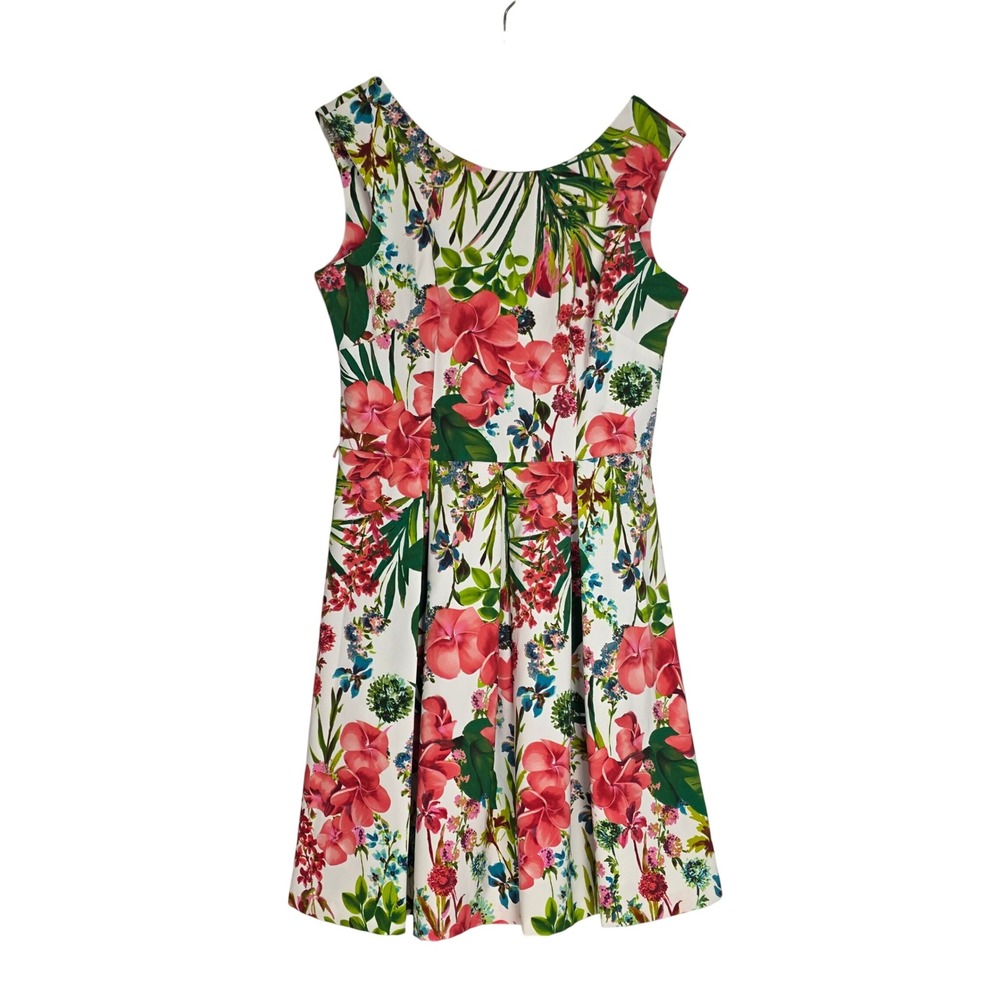 Danny and Nicole Floral Fit and Flare Dress Pink Green Tropical Back Cutout 12